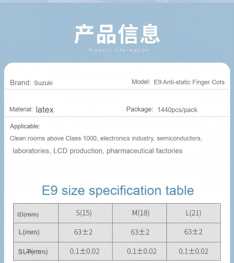 Black E9 Chlorinated powder free finger cots (Specifications)